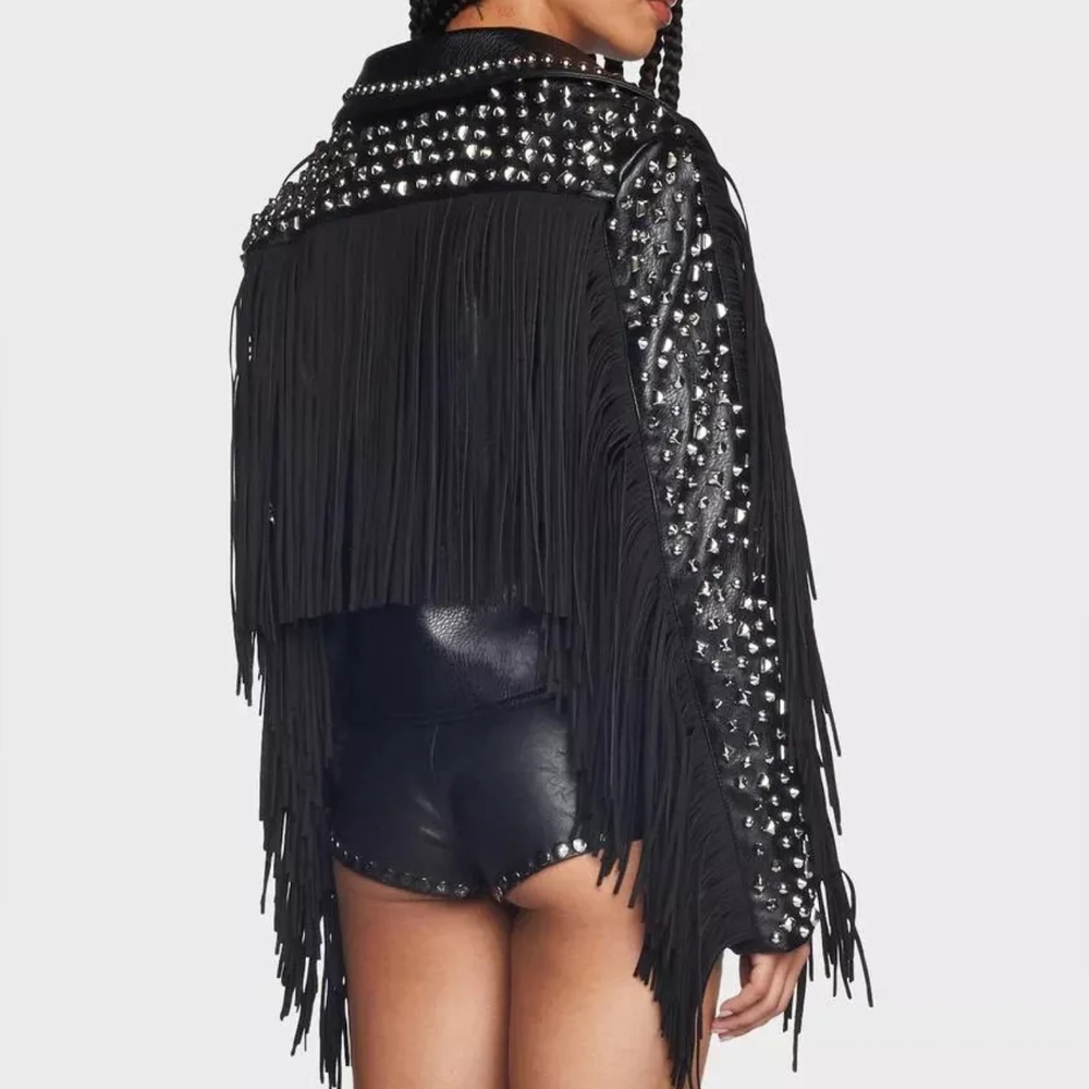 ~SOLD~ Dolls Kill Black Studded AZALEA WANG Ryder Fringe Faux Leather Jacket M - Picture 9 of 16